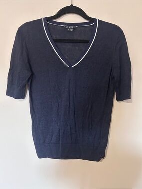 Theory V-Neck Linen-Blend Sweater Armada Blue White Sz S